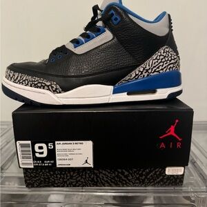 Air Jordan 3 Retro- Black/Sport Blue-Wolf Grey- 9.5 Original Box